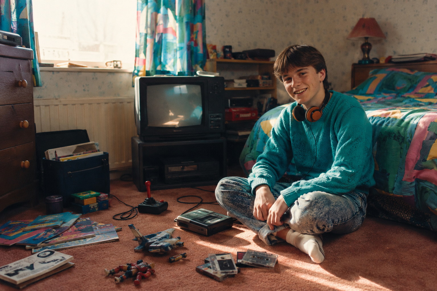 A teenager in a colourful mid-1980s British bedroom with a television, cassette player and joystick